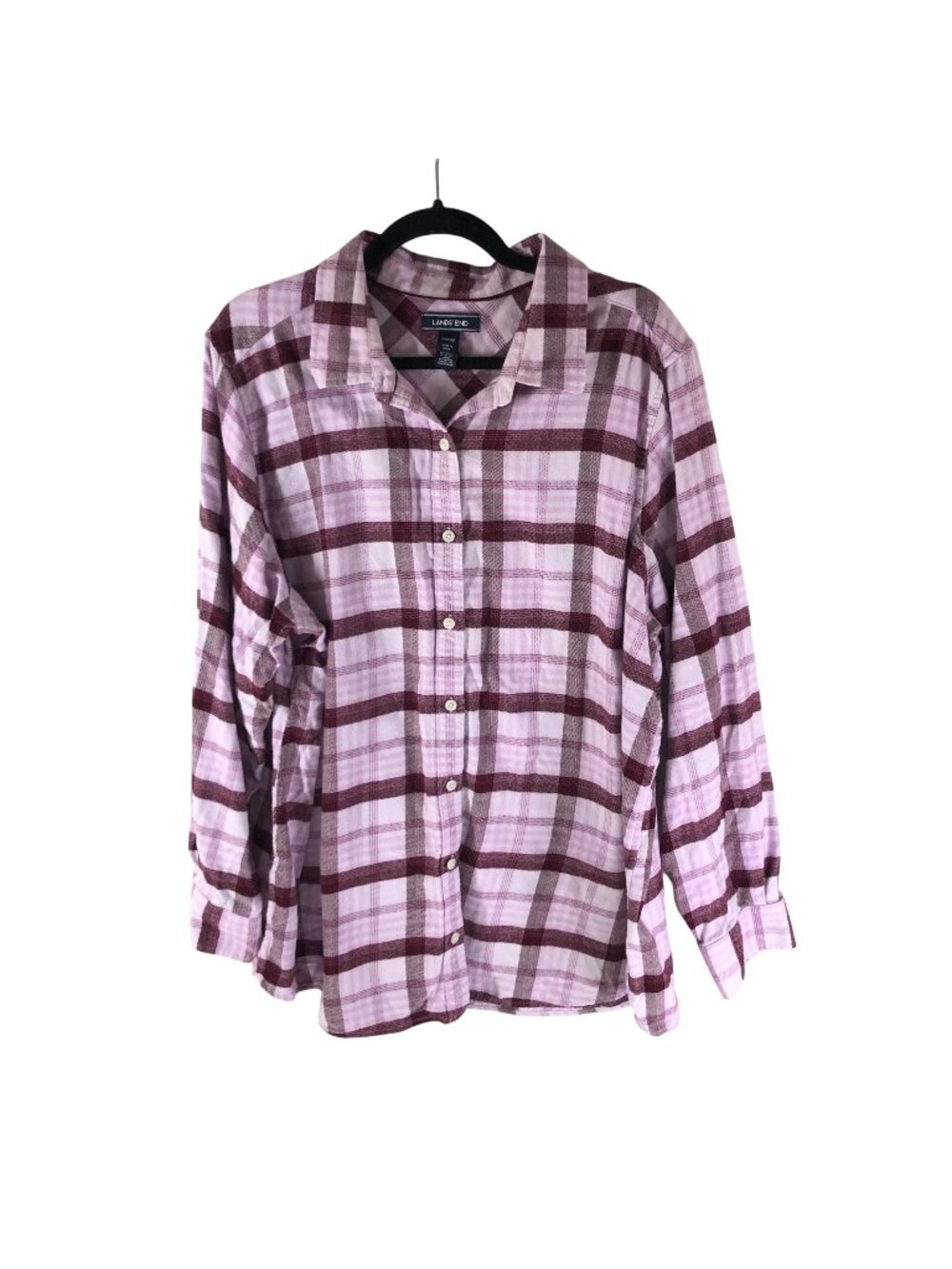 Lands End Womens Plus Size 20W Pink Flannel Plaid Cotton Button Down Shirt Top